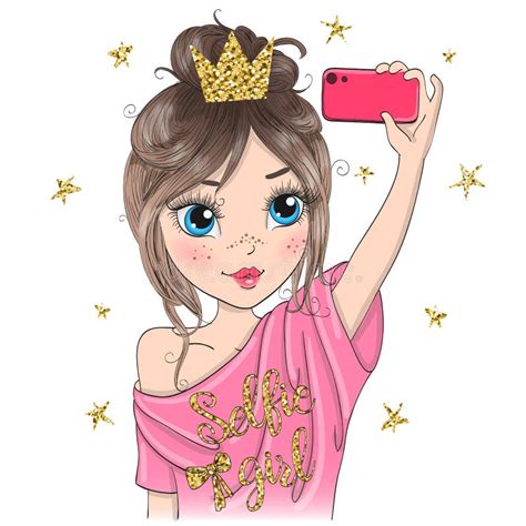 Hand Drawn Beautiful Cute Selfie Girl With Smart Phone Stock Vector Illustration Of