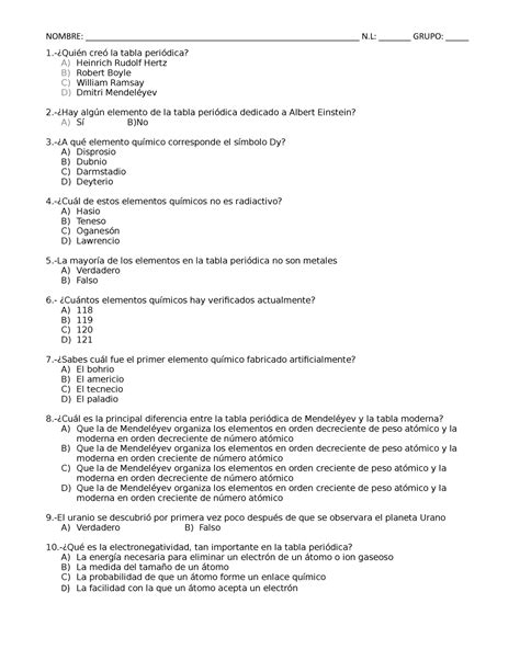 Cuestionario De La Tabla Periodica Resuelto Tabla Periodica Hot Sex