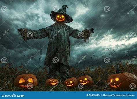 A Creepy Scarecrow Stands In A Pumpkin Patch Beneath A Dark Cloudy Sky