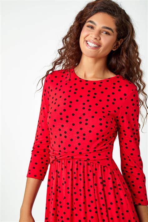 Red Twist Waist Spot Print Stretch Dress Roman Uk