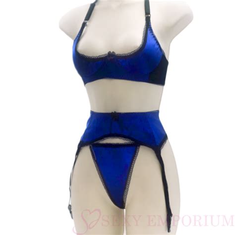 Sexy Blue Womens Quarter Cup Lingerie Lace Satin Bra Ladies Thong