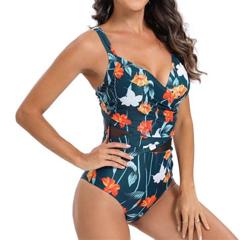 Womens Flower Print One Piece Swimsuits Sexy Tummy Control V Neck