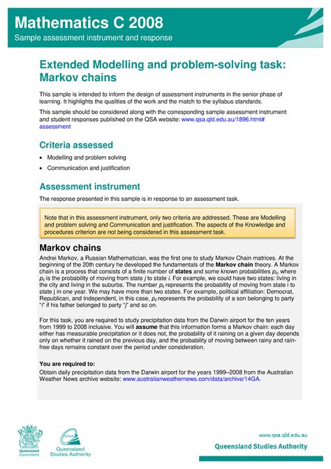 Extended Modelling And Problem Solving Task Markov Chains Mathematics