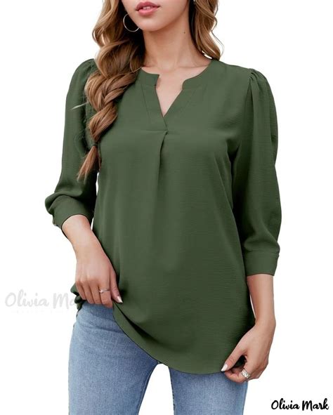 Oliviamark Premium Solid Color V Neck Chiffon Blouse With 3 4 Sleeves