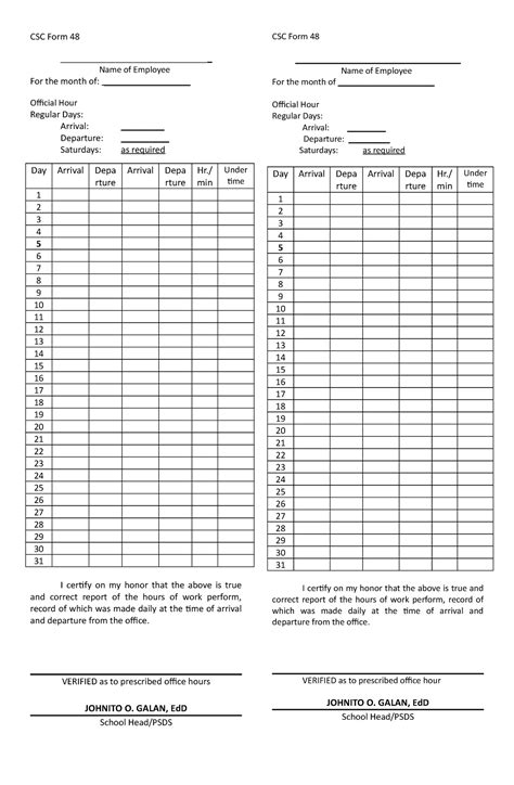 Form 48 Dtr 1 Noting Csc Form 48 Name Of Employee For The Month Of