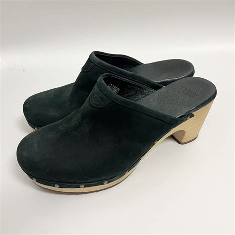 Ugg Abbie Sheepskin Black Suede Clogs Wood Heels Mules Shoes Sz