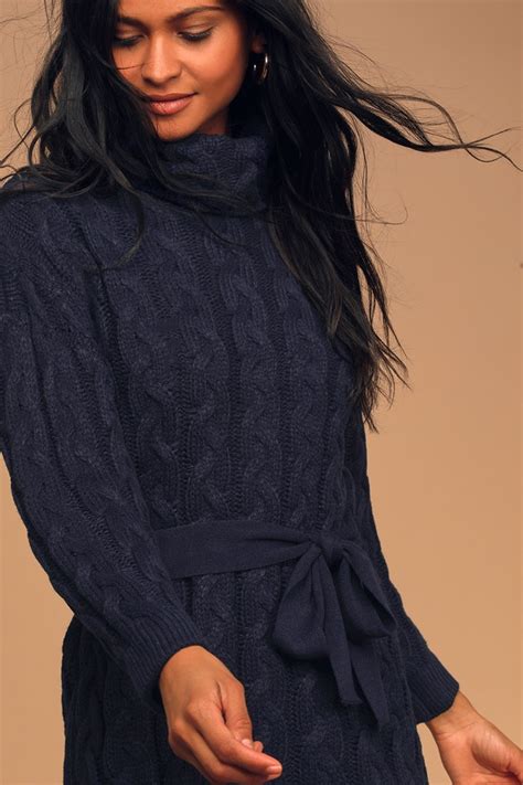 Navy Blue Sweater Dress Turtleneck Dress Belted Mini Dress Lulus