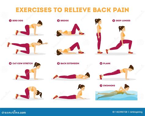 Exercise Set To Relieve Back Pain. Stretching and Training Stock Vector ...