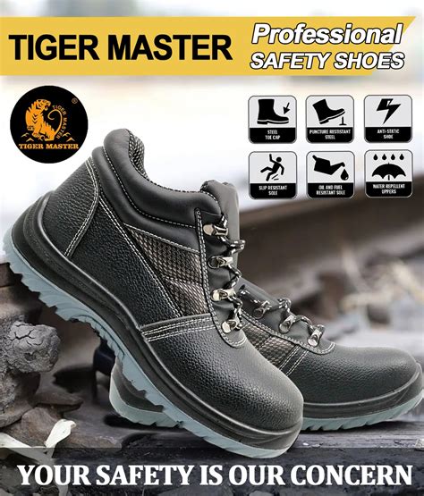 Tiger Master Brand Oil Slip Resistant Pu Sole Black Leather Steel Toe