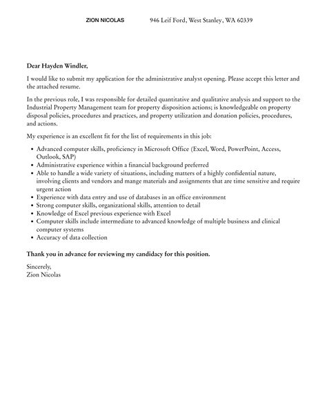 Administrative Analyst Cover Letter Velvet Jobs