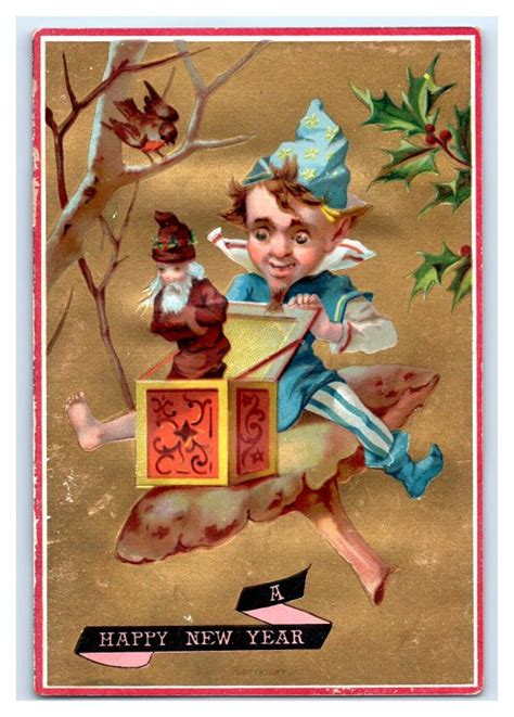 S Embossed Victorian New Year S Card Elf On Mushroom Jack In The