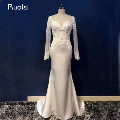 Real Photo Sexy Satin Mermaid Wedding Gown Scoop Long Sleeves Appliqued