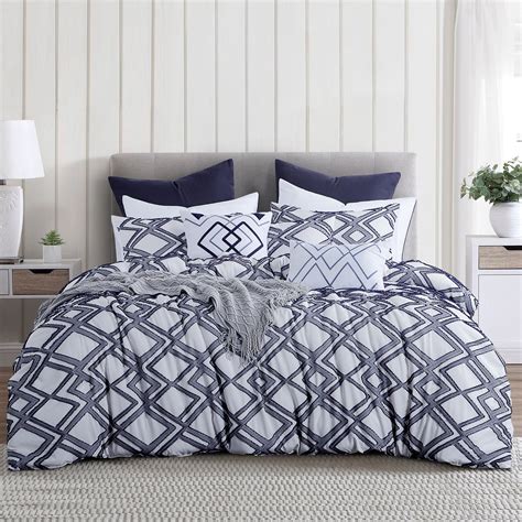 RUIKASI King Size White Navy Blue 5 Piece Tufted Comforter Set With