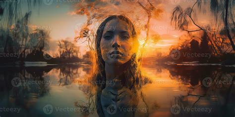 Double exposure photo realistic illustration. Romantic free soul ...