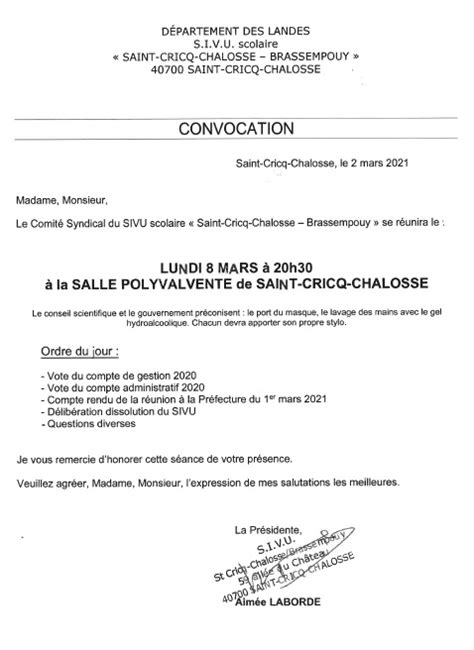 Convocation R Union Comit Syndicat Sivu Du Lundi Mars