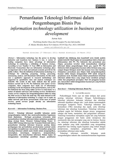 Pdf Pemanfaatan Teknologi Informasi Dalam Pengembangan Bisnis Pos