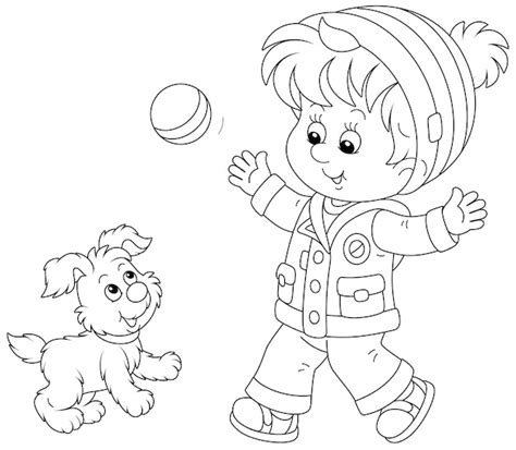 Premium Vector Happy Little Boy And His Merry Pup Playing With A