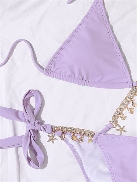 Women S Trendy Piece Triangle Bikini Set Rhinestone Halter Bathing Suit Swimsu Ebay