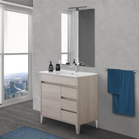 Mobile Bagno Da Terra 80 Cm Linea Way Rovere Chiaro Specchio E Lavabo