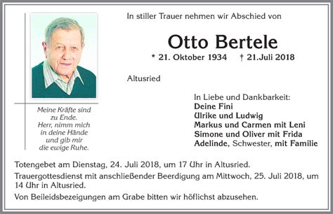 Traueranzeigen von Otto Bertele Allgäuer Zeitung