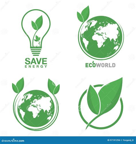 Ecology Logo Set Eco World Green Leaf Energy Saving Lamp Symbol