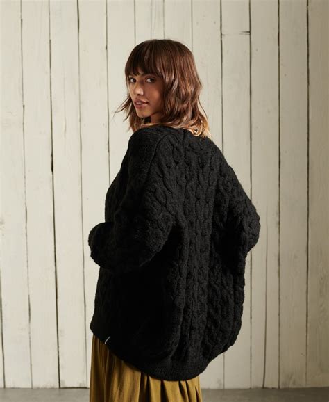 Womens Grace Oversized Cable Cardigan In Black Superdry Uk