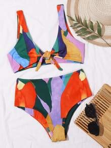 Shein Swim Vcay Allover Graphic Knot Front Bikini Swimsuit Shein Uk