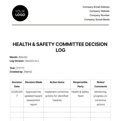 Free Health Safety Committee Decision Log Template Edit Online