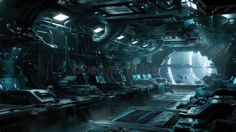 Dark Interior Of Futuristic Spaceship Room Inside Extraterrestrial