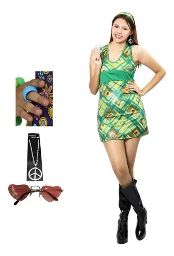 Disfraz Vestido Gogo Hippie A Os S Con Bisuteria Y Lentes Para Dama