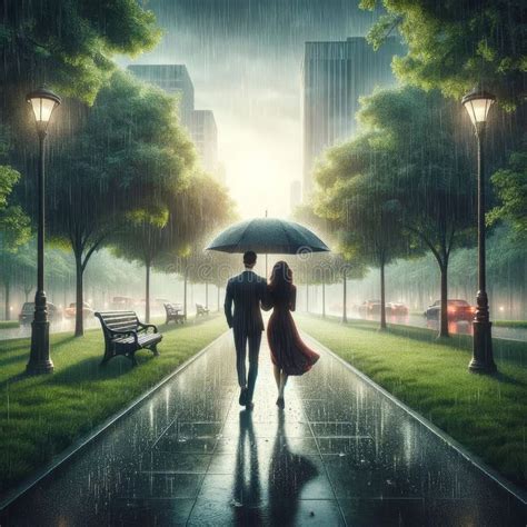 Couple Walking Evening Stroll Raining Pouring Umbrella Lush Green Park