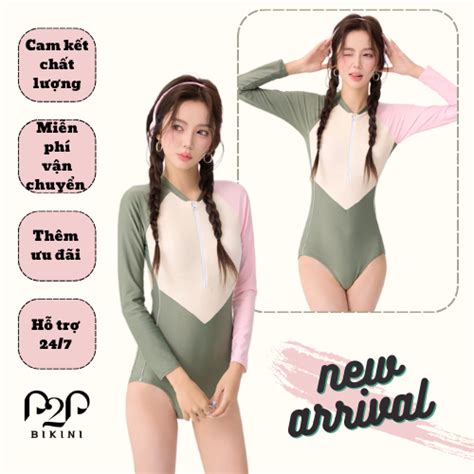 Đồ bơi Nữ một mảnh áo tay dài khoá kéo phía trước phối màu pastel ng P P Bikini Thương