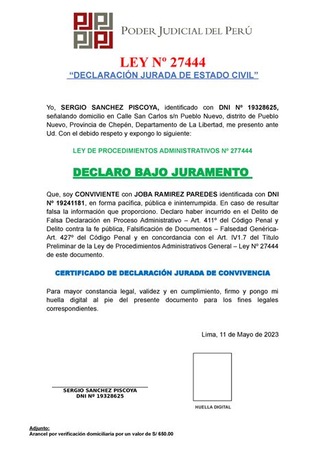 05 Declaración Jurada De Convivencia Ley Nº 27444 “declaraciÓn Jurada