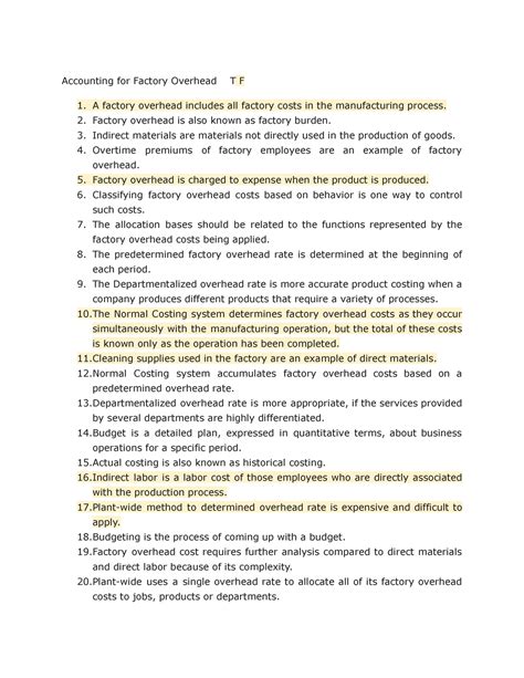 Cost Acc Activity Practice Accounting For Factory Overhead T F A