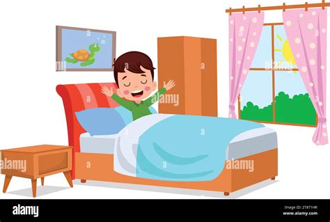 Happy Cute Little Kid Children Wake Up In The Morning Stock Vector