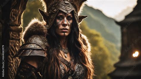 Portrait Of An Orc Woman Druid In Studded Leather And Fur Armor A