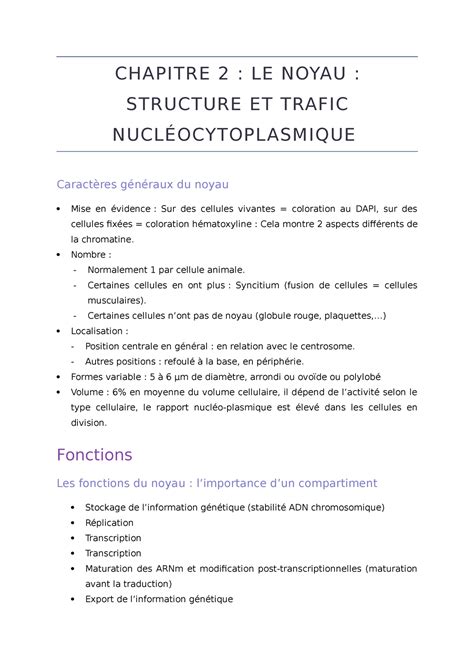 Chapitre 2 Bio Cell Chapitre 2 Le Noyau Structure Et Trafic NuclÉocytoplasmique Caractères