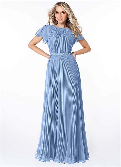 Azazie Kara Steel Blue Modest Bridesmaid Dresses Azazie