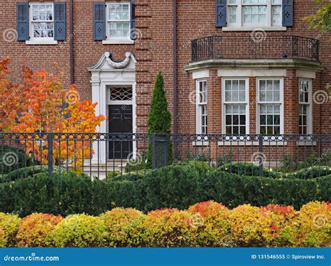 Large Brick House With Iron Fence Stock Image Image Of Fall Iron