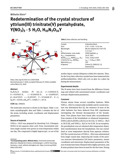 Pdf Redetermination Of The Crystal Structure Of Yttriumiii