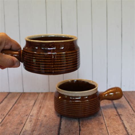 Vintage Stoneware Soup Bowl Mug With Handle Set Of 2 Brown Drip With