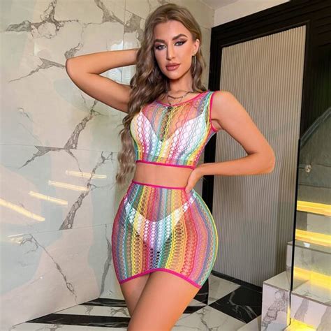 Sexy Mesh Lingerie Sexy Fishnet Dress Colorful Rainbow Striped Fishnet Mini Dress Sexy