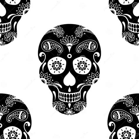 Vector Seamless Pattern Of Black Sugar Skull With Floral Pattern Stock