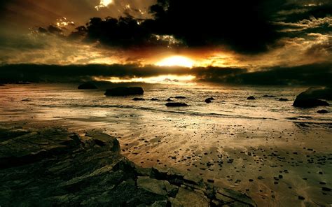 Wallpaper Sunlight Sunset Sea Rock Nature Shore Reflection Sky