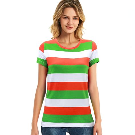 Green And White Rainbow Striped T Shirt For Women Round Neck Short