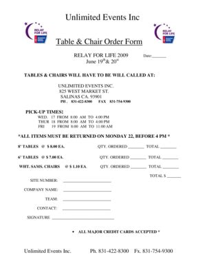 Fillable Online Relay Acsevents 2009 Table Chair Order Form Relay