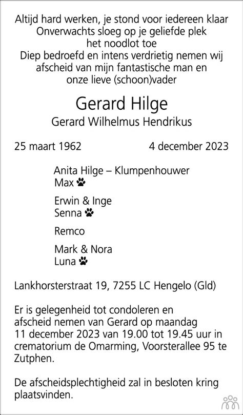 Gerard Gerard Wilhelmus Hendrikus Hilge 04 12 2023 Overlijdensbericht