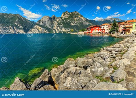 Lake Garda Italy Boats Malcesine Castle And Old Town Royalty Free