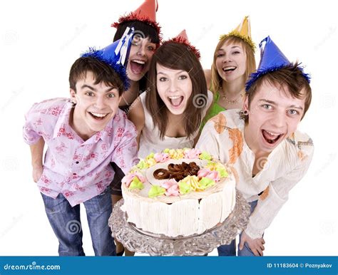 O Grupo De Adolescentes Comemora O Feliz Aniversario Foto De Stock