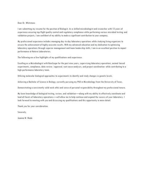 Biologist Cover Letter Microbiology And Lab Management